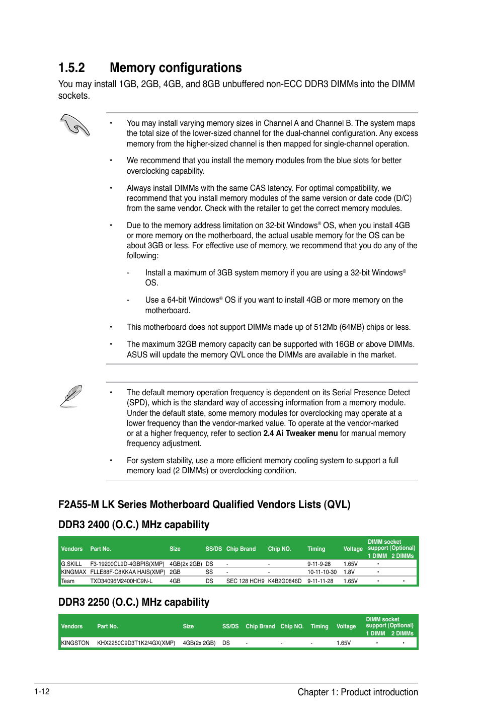 2 memory configurations, Memory configurations -12, Chapter 1: product introduction | Asus F2A55-M LK PLUS User Manual | Page 24 / 78