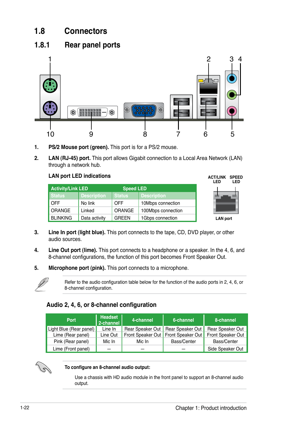 8 connectors, 1 rear panel ports, 8 connectors -22 | Rear panel ports -22 | Asus F2A55-M LK PLUS User Manual | Page 34 / 78