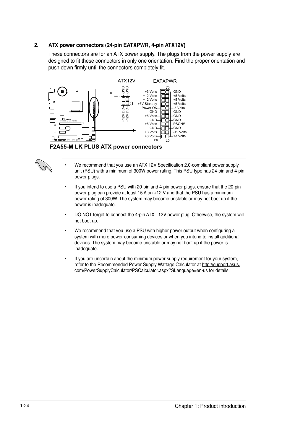 F2a55-m lk plus atx power connectors, Chapter 1: product introduction | Asus F2A55-M LK PLUS User Manual | Page 36 / 78