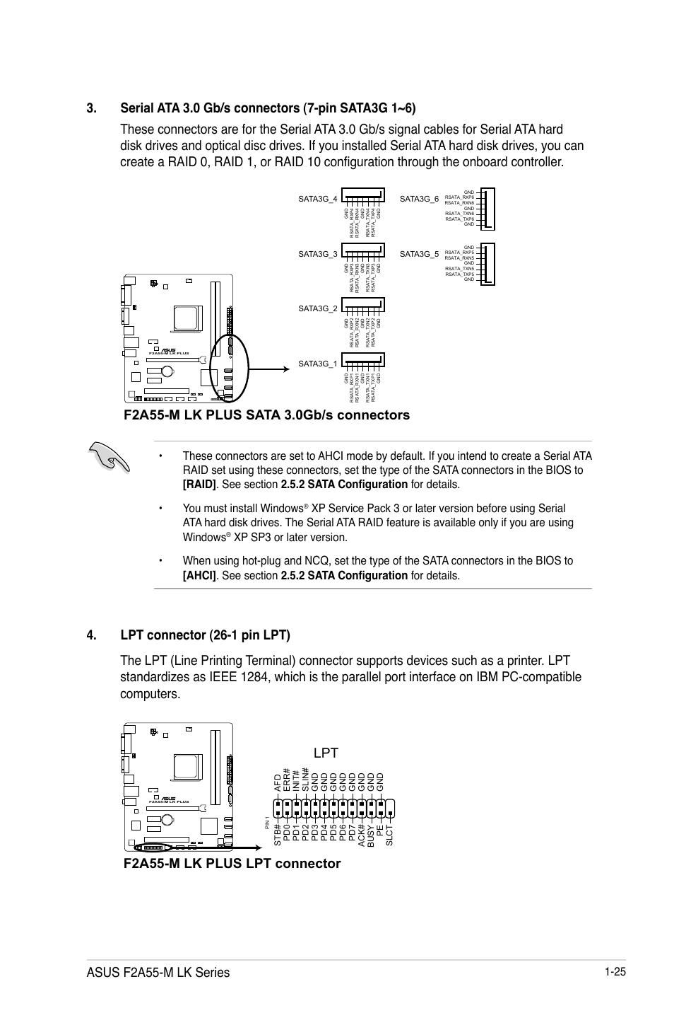 F2a55-m lk plus lpt connector, Asus f2a55-m lk series | Asus F2A55-M LK PLUS User Manual | Page 37 / 78