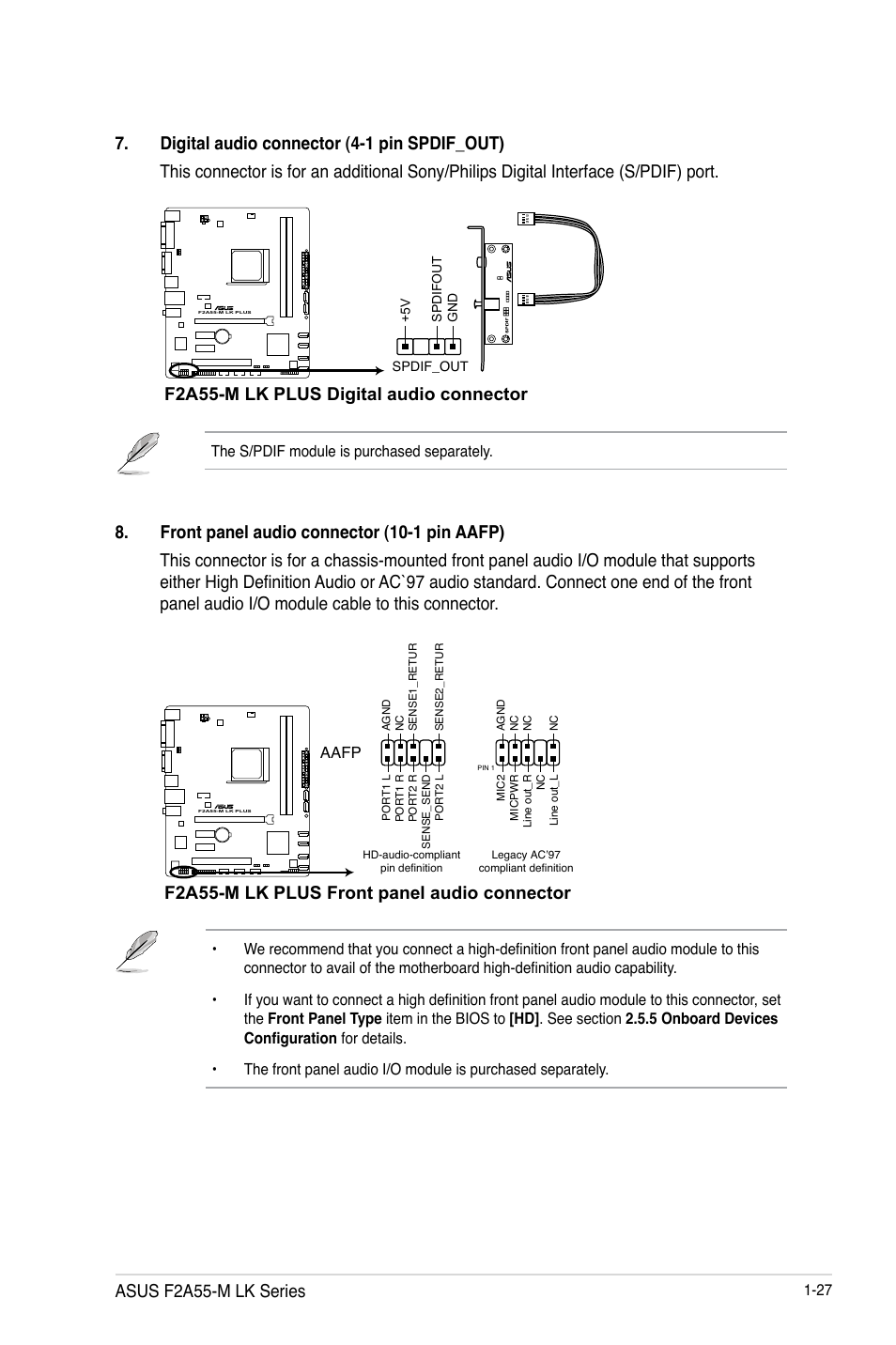 F2a55-m lk plus digital audio connector, F2a55-m lk plus front panel audio connector, Asus f2a55-m lk series | Asus F2A55-M LK PLUS User Manual | Page 39 / 78