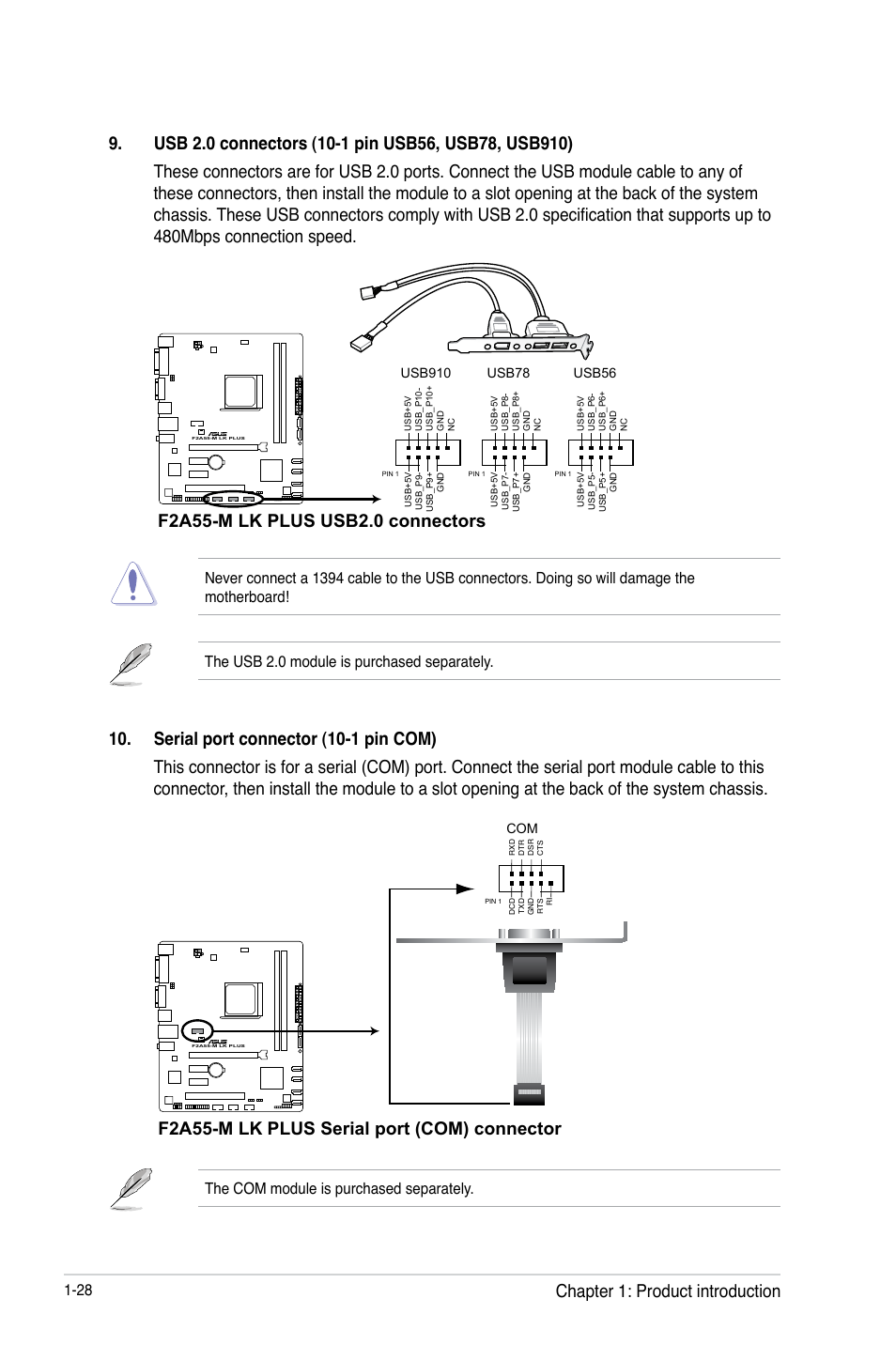 F2a55-m lk plus serial port (com) connector, Chapter 1: product introduction, The com module is purchased separately | Asus F2A55-M LK PLUS User Manual | Page 40 / 78