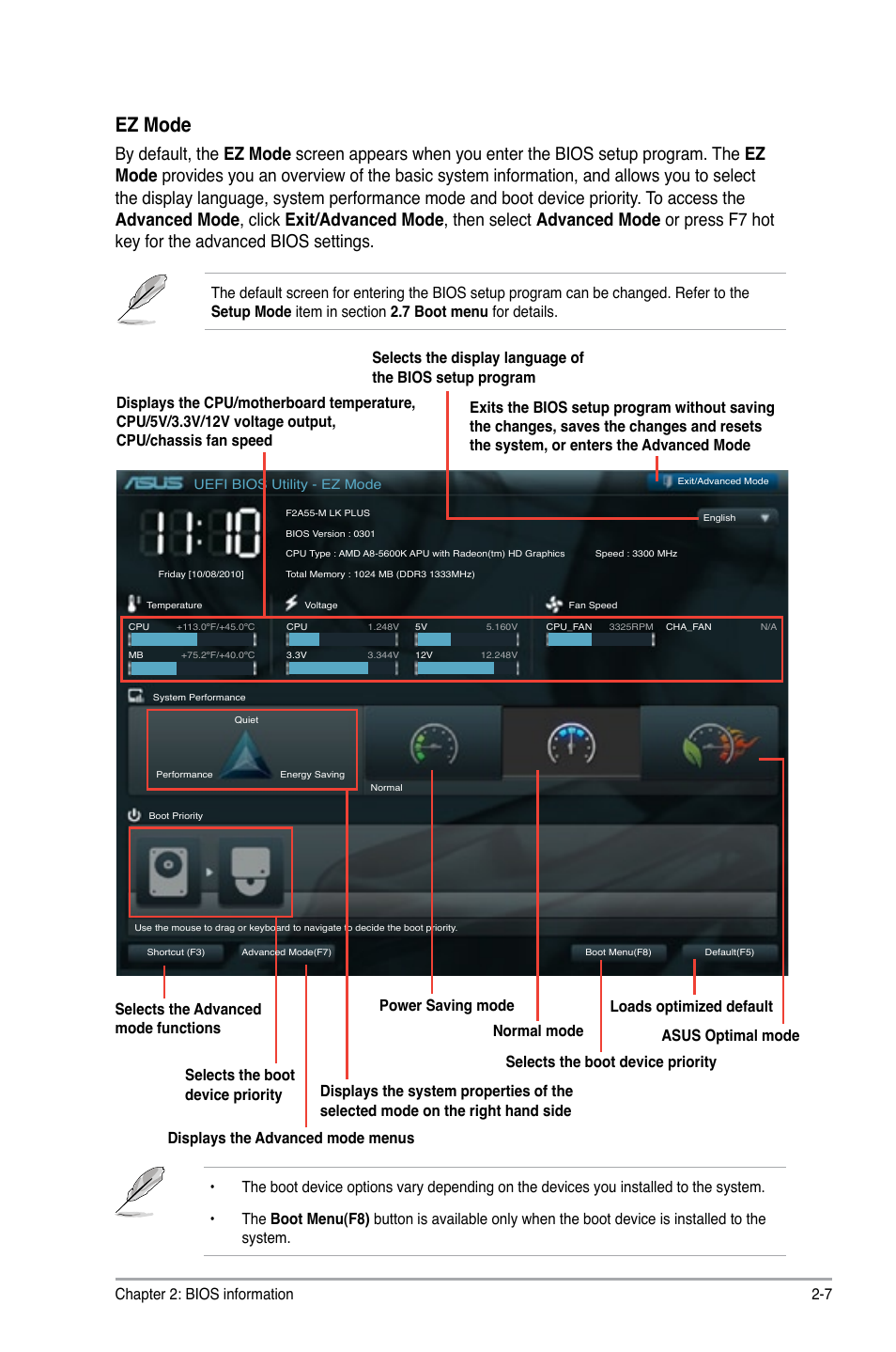 Ez mode, Chapter 2: bios information 2-7 | Asus F2A55-M LK PLUS User Manual | Page 49 / 78