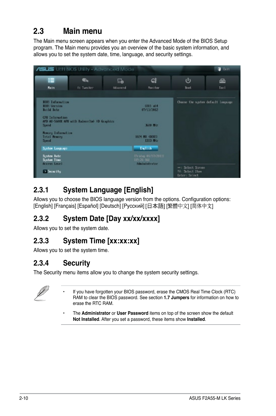 3 main menu, 1 system language [english, 2 system date [day xx/xx/xxxx | 3 system time [xx:xx:xx, 4 security, 3 main menu -10, System language [english] -10, System date [day xx/xx/xxxx] -10, System time [xx:xx:xx] -10, Security -10 | Asus F2A55-M LK PLUS User Manual | Page 52 / 78
