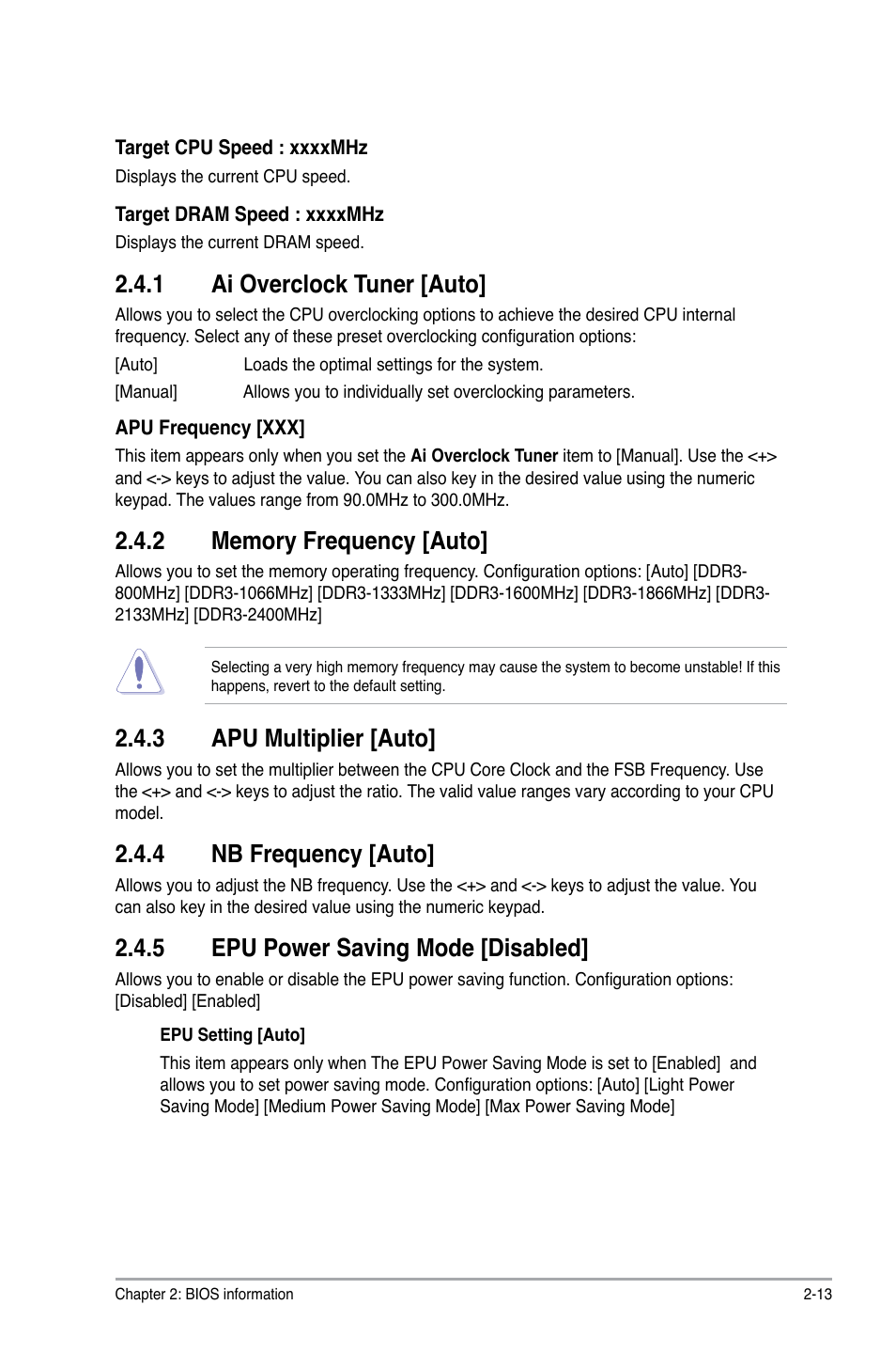 1 ai overclock tuner [auto, 2 memory frequency [auto, 3 apu multiplier [auto | 4 nb frequency [auto, 5 epu power saving mode [disabled, Ai overclock tuner [auto] -13, Memory frequency [auto] -13, Apu multiplier [auto] -13, Nb frequency [auto] -13, Epu power saving mode [disabled] -13 | Asus F2A55-M LK PLUS User Manual | Page 55 / 78