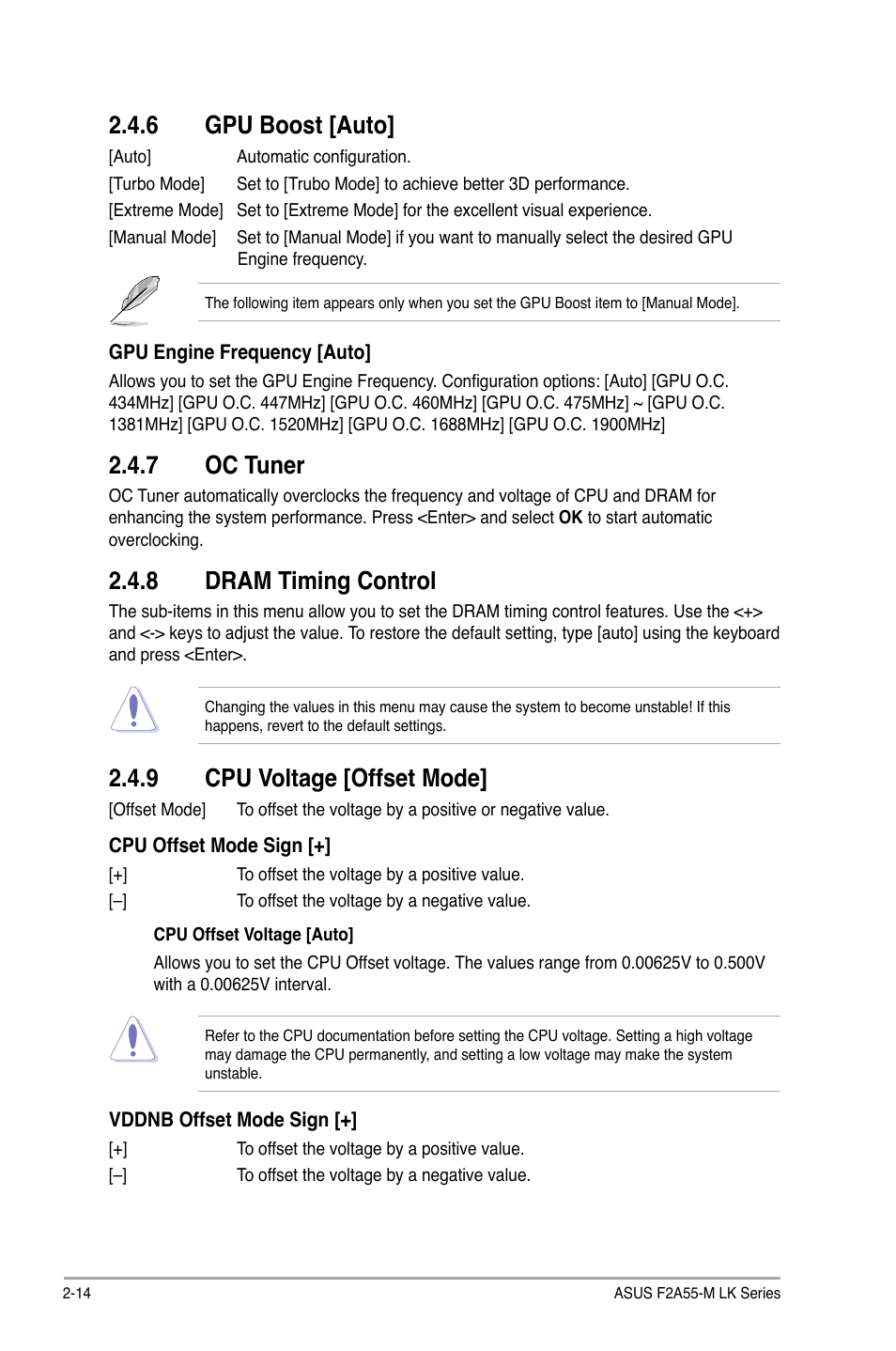 6 gpu boost [auto, 7 oc tuner, 8 dram timing control | 9 cpu voltage [offset mode, Gpu boost [auto] -14, Oc tuner -14, Dram timing control -14, Cpu voltage [offset mode] -14 | Asus F2A55-M LK PLUS User Manual | Page 56 / 78