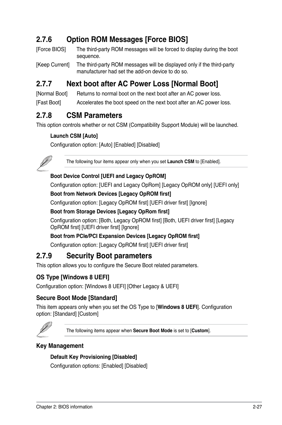 6 option rom messages [force bios, 7 next boot after ac power loss [normal boot, 8 csm parameters | 9 security boot parameters, Option rom messages [force bios] -27, Next boot after ac power loss [normal boot] -27, Csm parameters -27, Security boot parameters -27 | Asus F2A55-M LK PLUS User Manual | Page 69 / 78