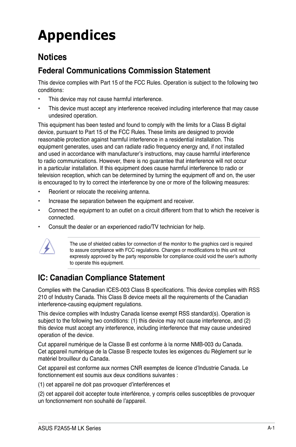 Appendices, Notices, Federal communications commission statement | Ic: canadian compliance statement | Asus F2A55-M LK PLUS User Manual | Page 75 / 78