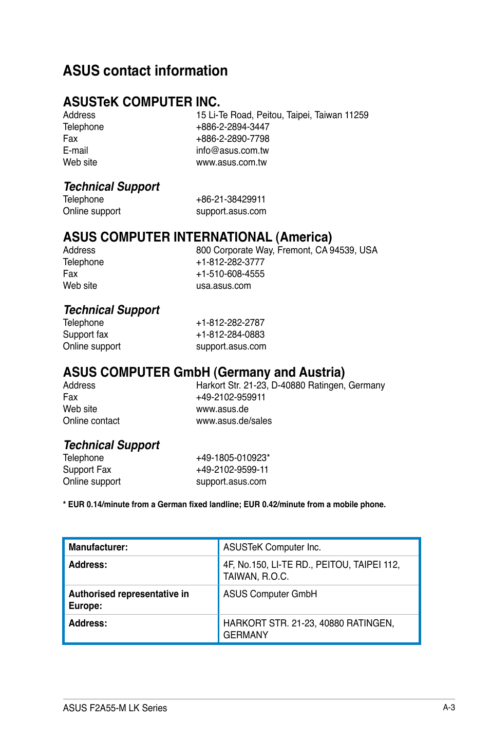 Asus contact information, Asustek computer inc, Asus computer international (america) | Asus computer gmbh (germany and austria), Technical support | Asus F2A55-M LK PLUS User Manual | Page 77 / 78