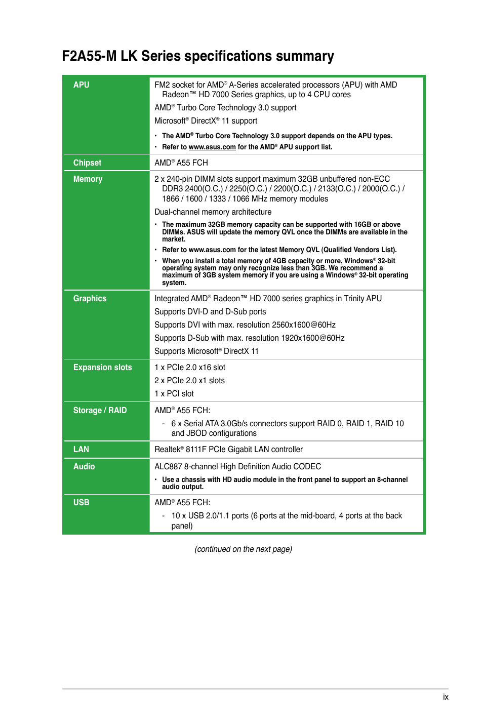 F2a55-m lk series specifications summary | Asus F2A55-M LK PLUS User Manual | Page 9 / 78