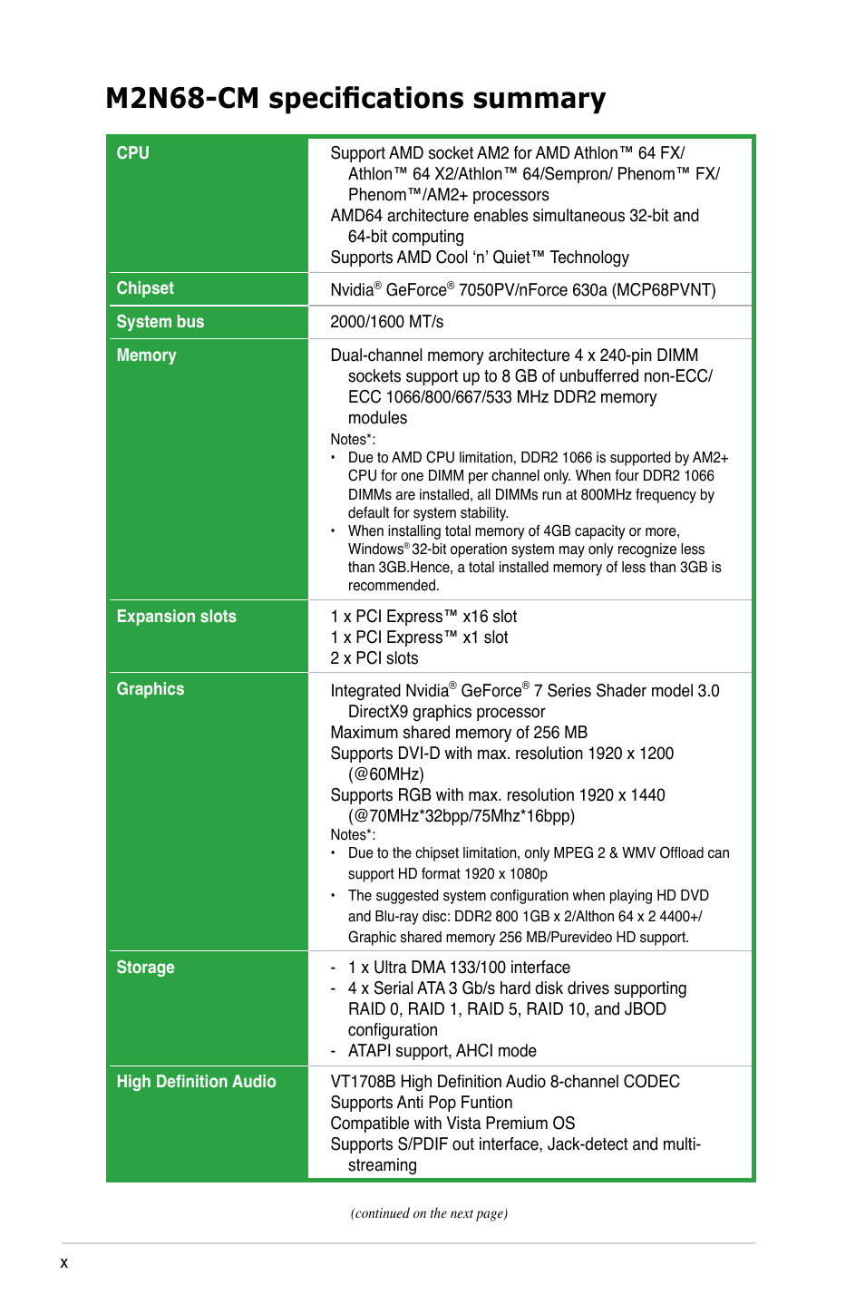 M2n68-cm specifications summary | Asus M2N68-CM User Manual | Page 10 / 104