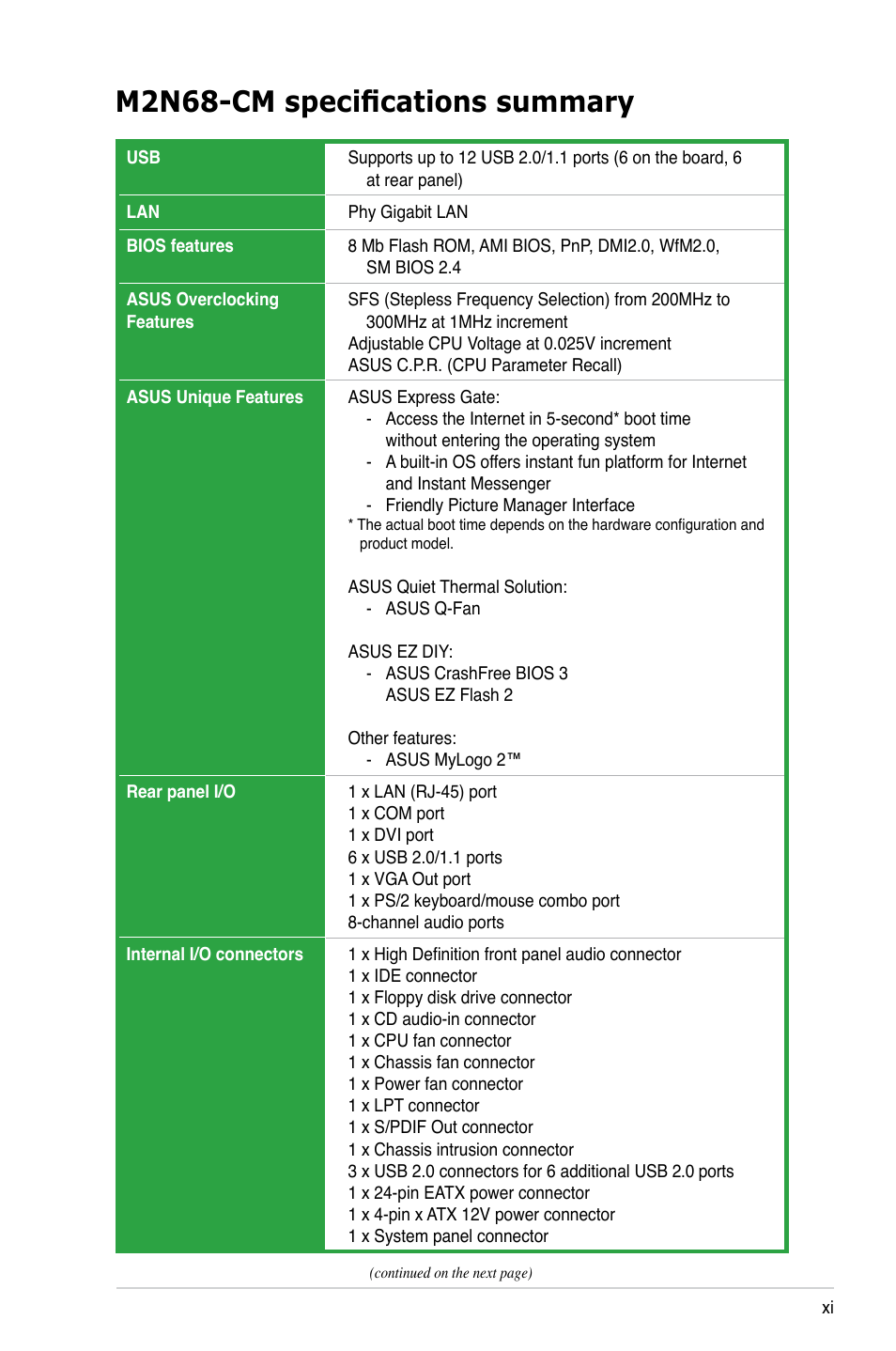 M2n68-cm specifications summary | Asus M2N68-CM User Manual | Page 11 / 104