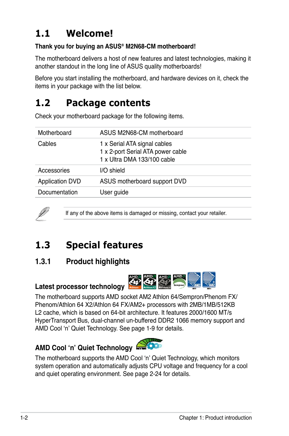 1 welcome, 2 package contents, 3 special features | 1 product highlights | Asus M2N68-CM User Manual | Page 14 / 104