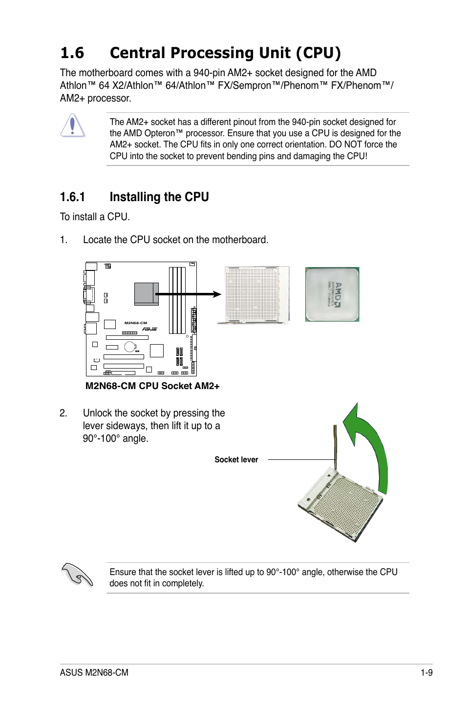 6 central processing unit (cpu), 1 installing the cpu | Asus M2N68-CM User Manual | Page 21 / 104