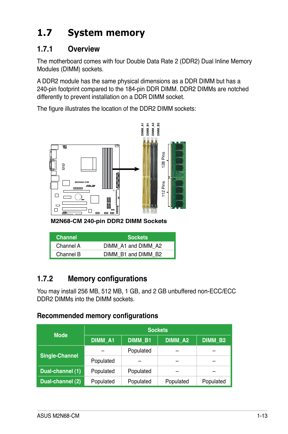 7 system memory, 1 overview, 2 memory configurations | Asus M2N68-CM User Manual | Page 25 / 104