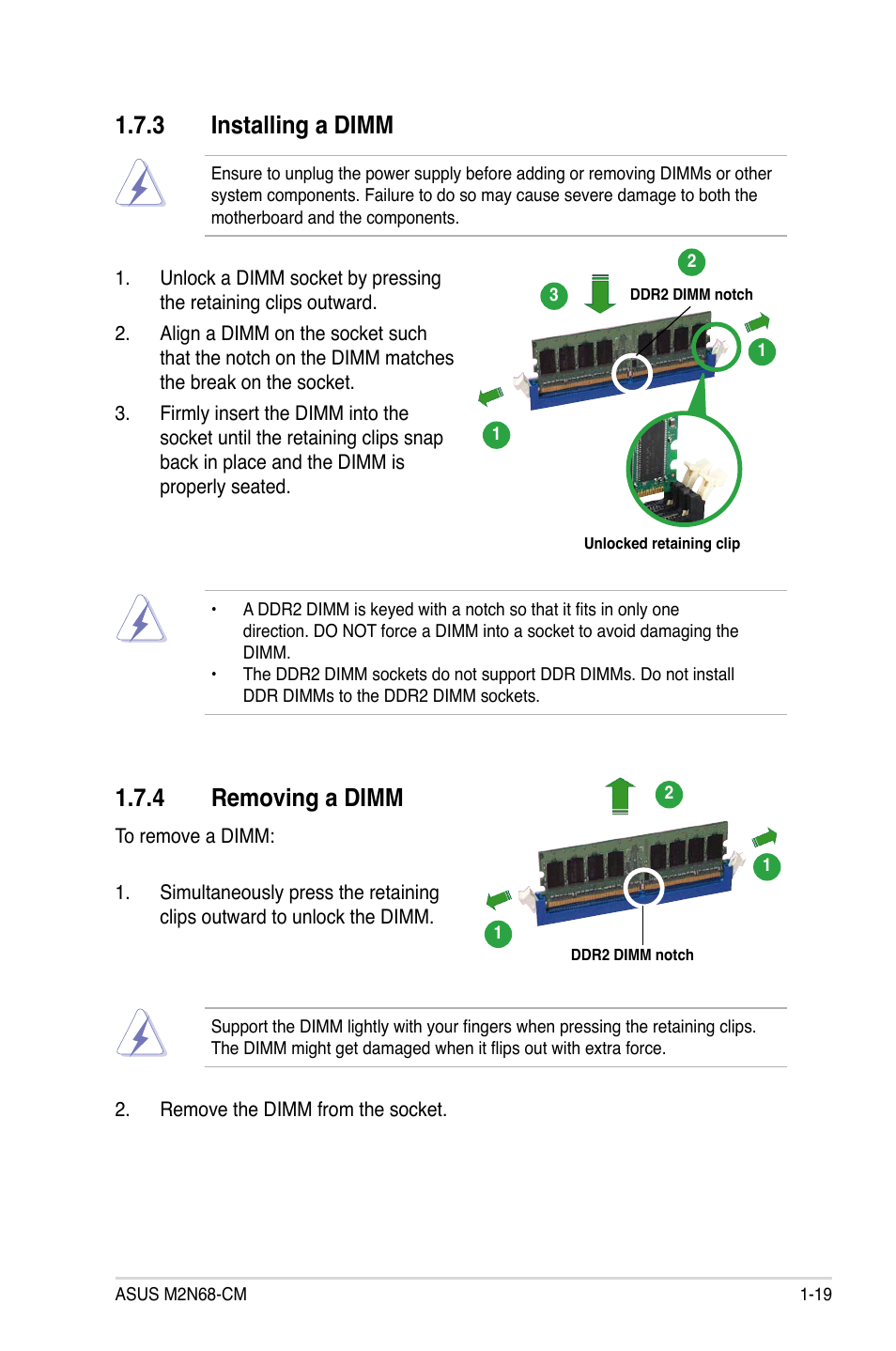 3 installing a dimm, 4 removing a dimm | Asus M2N68-CM User Manual | Page 31 / 104