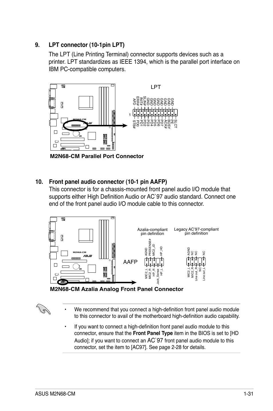 Ac`97, M2n68-cm parallel port connector lpt, M2n68-cm azalia analog front panel connector | Aafp | Asus M2N68-CM User Manual | Page 43 / 104