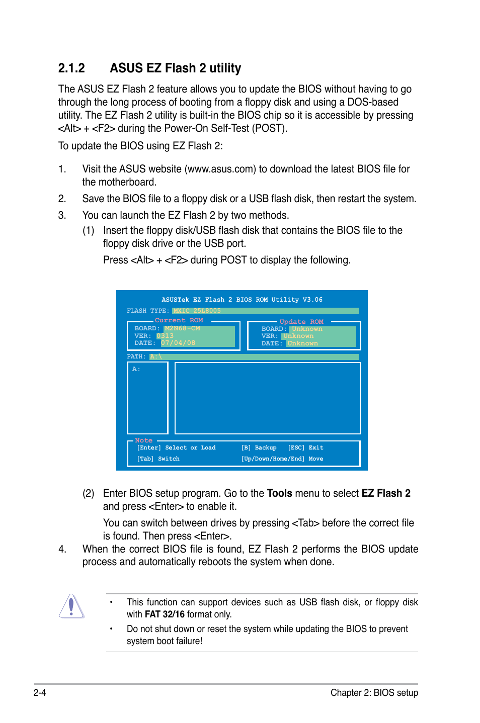 2 asus ez flash 2 utility | Asus M2N68-CM User Manual | Page 50 / 104