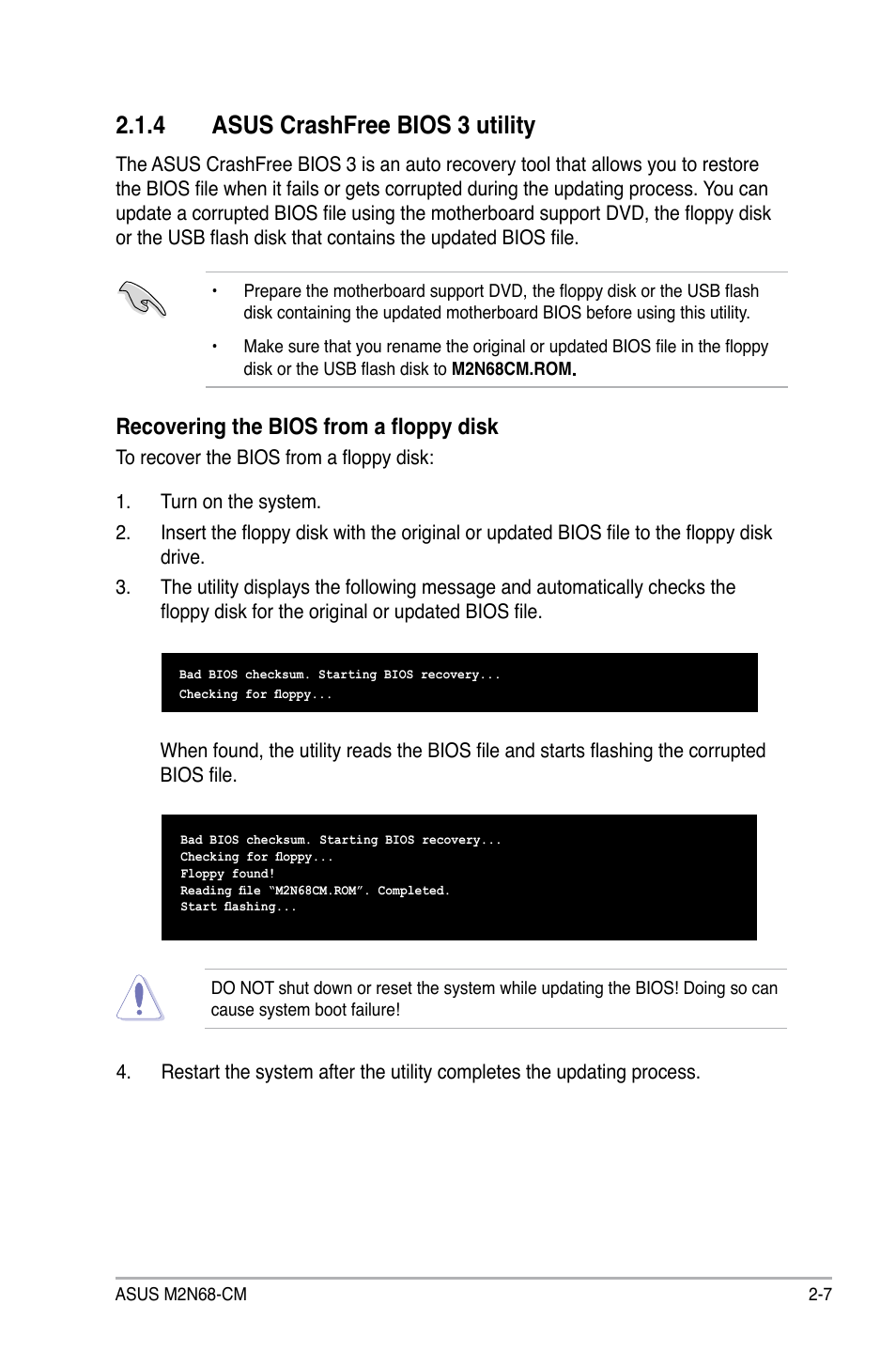 4 asus crashfree bios 3 utility, Recovering the bios from a floppy disk | Asus M2N68-CM User Manual | Page 53 / 104