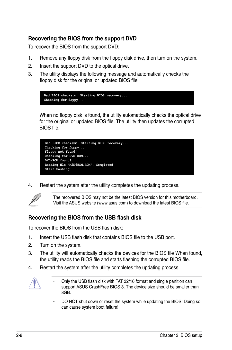 Recovering the bios from the support dvd, Recovering the bios from the usb flash disk | Asus M2N68-CM User Manual | Page 54 / 104