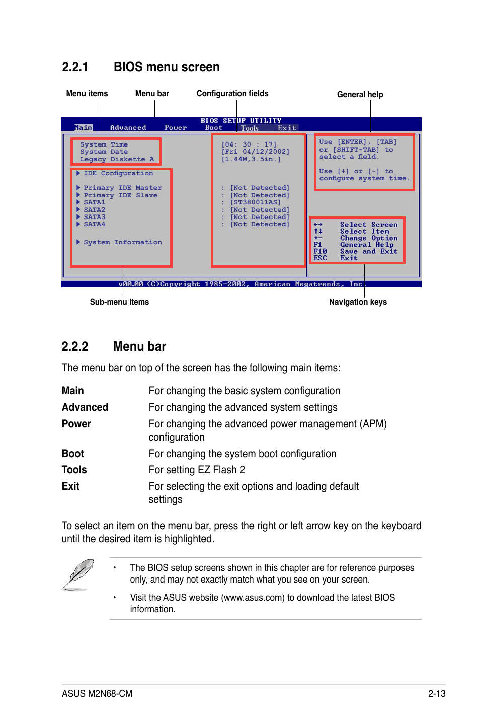 1 bios menu screen, 2 menu bar | Asus M2N68-CM User Manual | Page 59 / 104