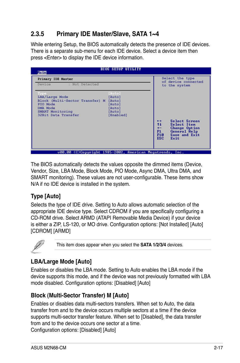 5 primary ide master/slave, sata 1~4, Type [auto, Lba/large mode [auto | Block (multi-sector transfer) m [auto | Asus M2N68-CM User Manual | Page 63 / 104