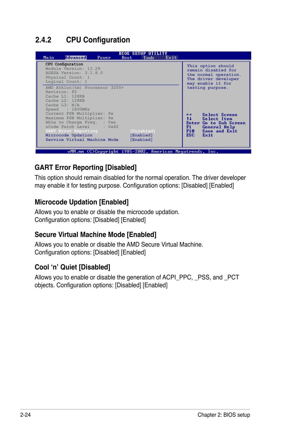 2 cpu configuration, Gart error reporting [disabled, Microcode updation [enabled | Secure virtual machine mode [enabled, Cool ‘n’ quiet [disabled | Asus M2N68-CM User Manual | Page 70 / 104