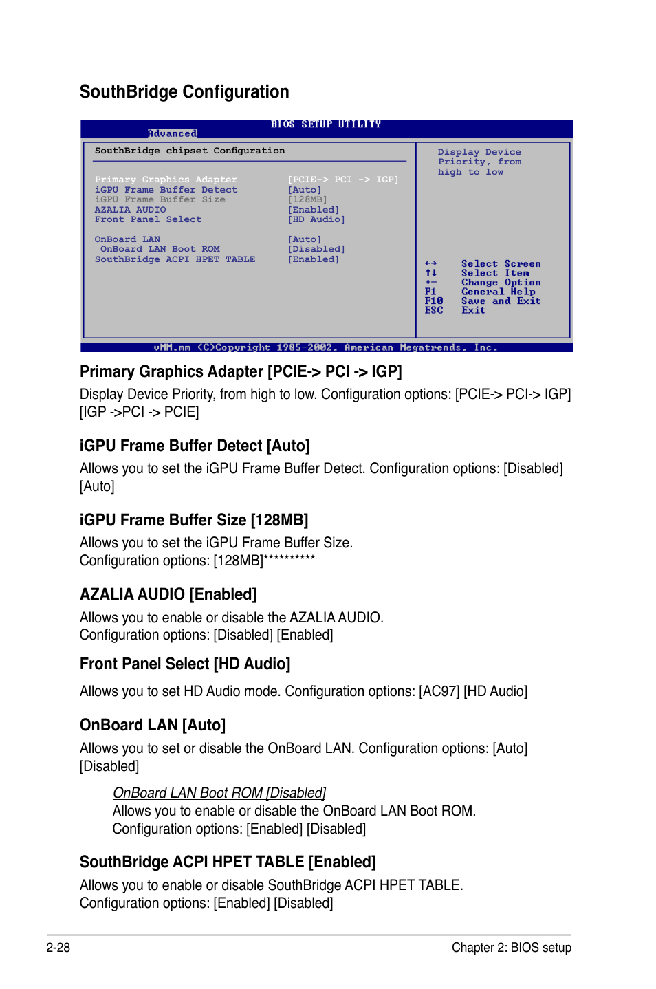 Southbridge configuration, Primary graphics adapter [pcie-> pci -> igp, Igpu frame buffer detect [auto | Igpu frame buffer size [128mb, Azalia audio [enabled, Front panel select [hd audio, Onboard lan [auto, Southbridge acpi hpet table [enabled | Asus M2N68-CM User Manual | Page 74 / 104