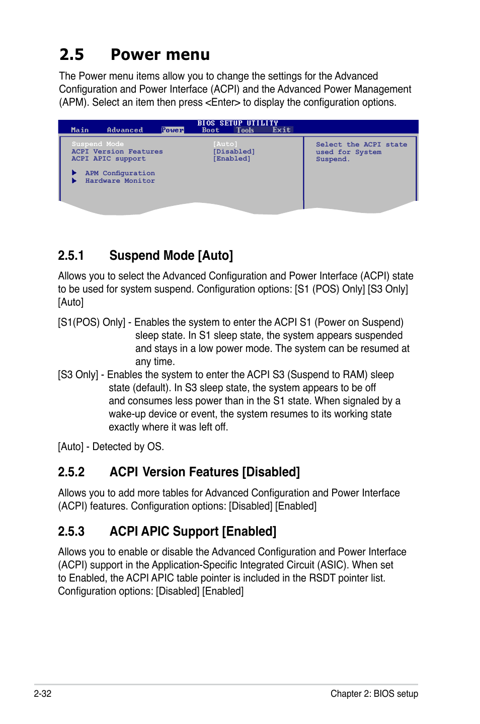 5 power menu, 1 suspend mode [auto, 2 acpi version features [disabled | 3 acpi apic support [enabled, 2 acpi, Version features [disabled | Asus M2N68-CM User Manual | Page 78 / 104