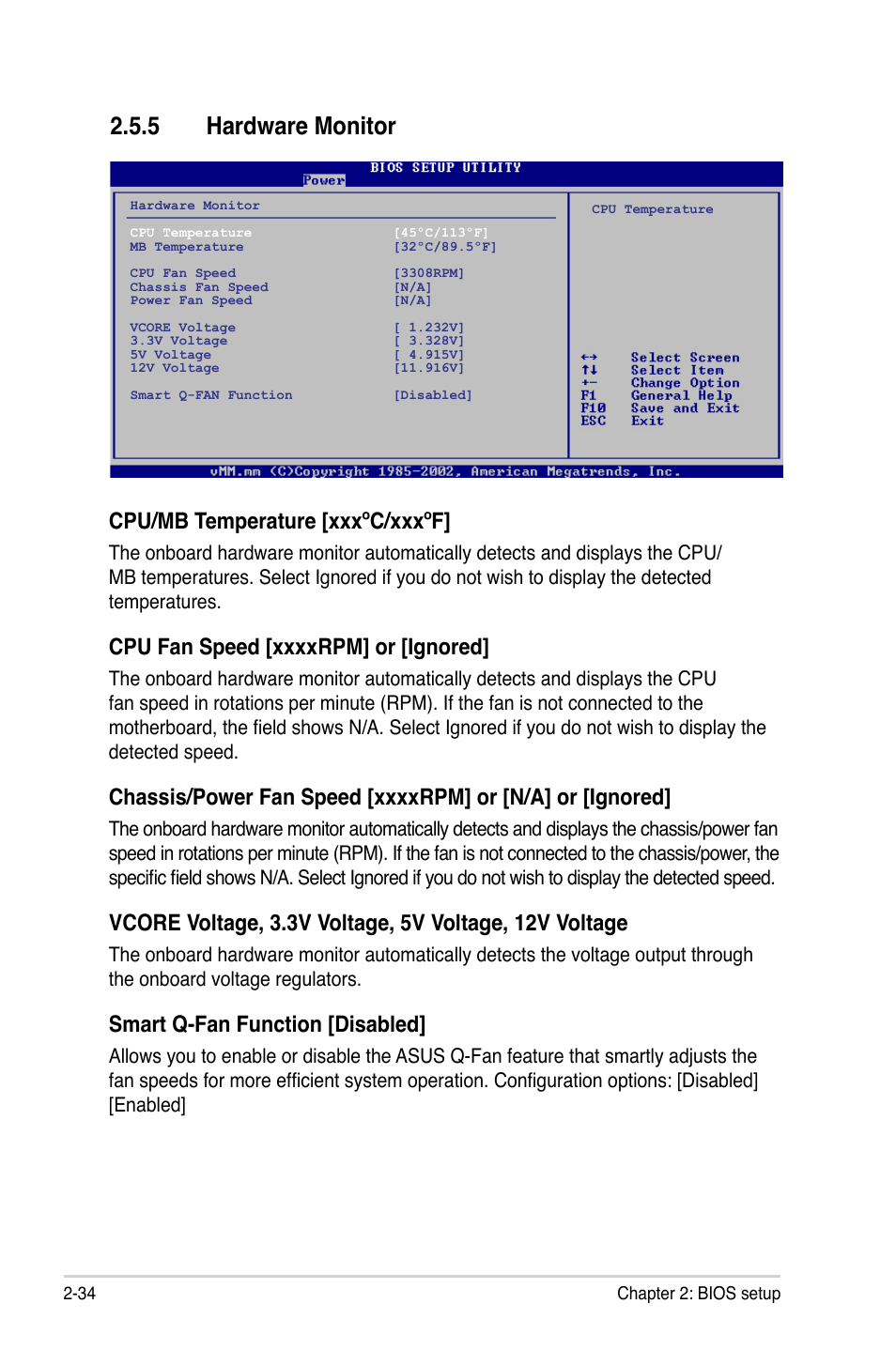 5 hardware monitor, Cpu/mb temperature [xxxºc/xxxºf, Smart q-fan function [disabled | Asus M2N68-CM User Manual | Page 80 / 104