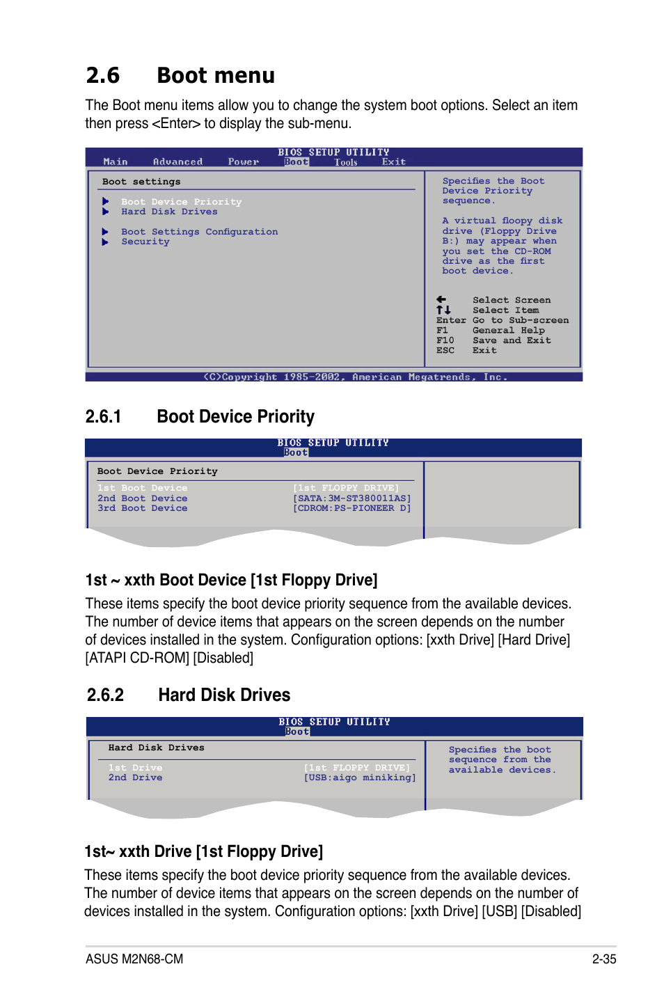 6 boot menu, 1 boot device priority, 2 hard disk drives | 1st ~ xxth boot device [1st floppy drive, 1st~ xxth drive [1st floppy drive | Asus M2N68-CM User Manual | Page 81 / 104