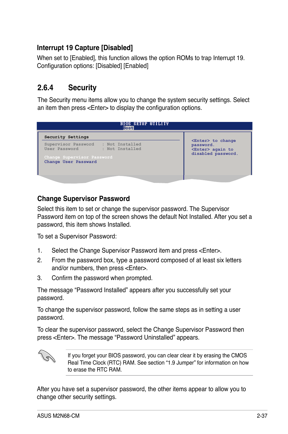 4 security, Interrupt 19 capture [disabled, Change supervisor password | Asus M2N68-CM User Manual | Page 83 / 104