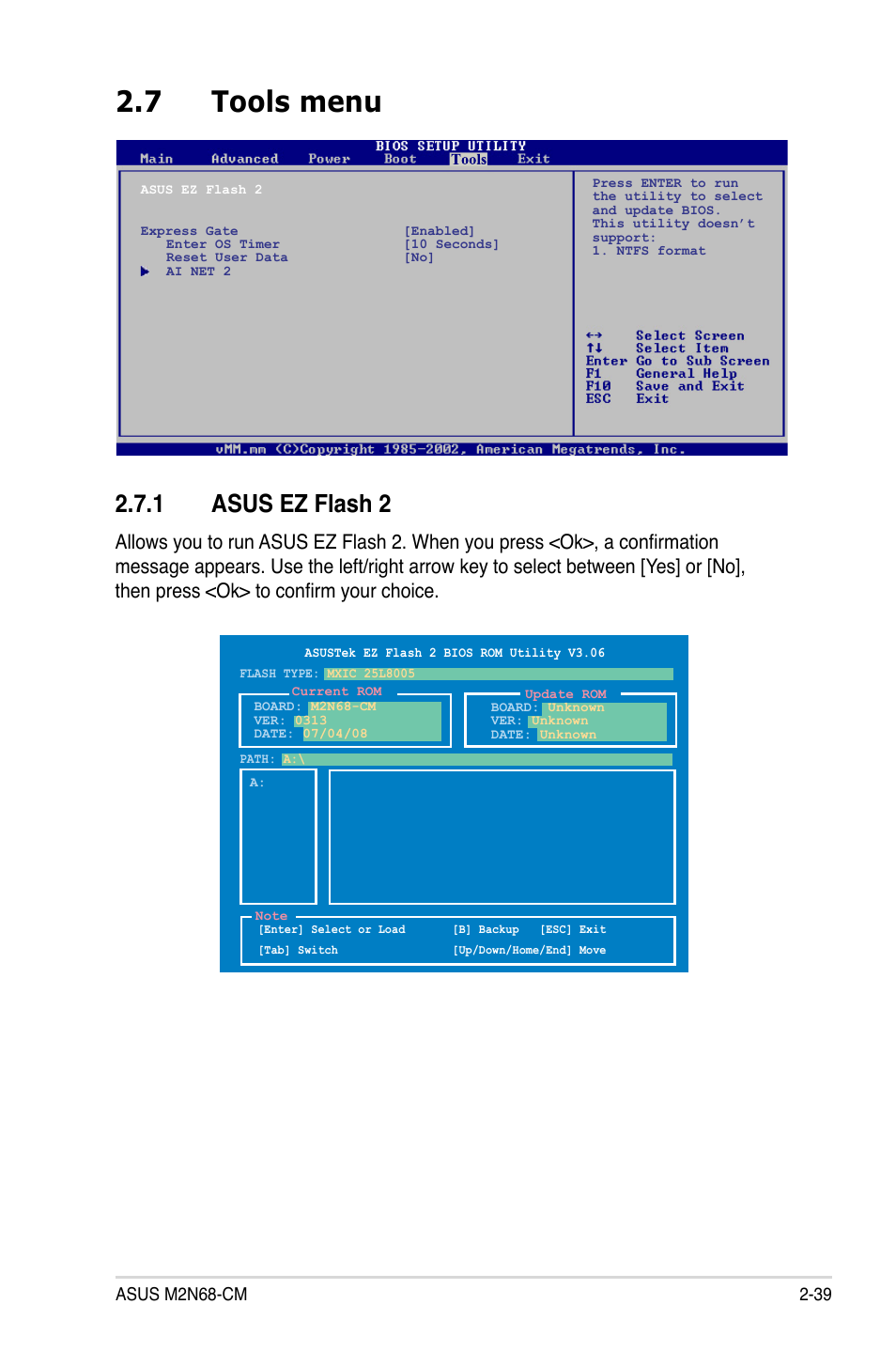 7 tools menu, 1 asus ez flash 2 | Asus M2N68-CM User Manual | Page 85 / 104