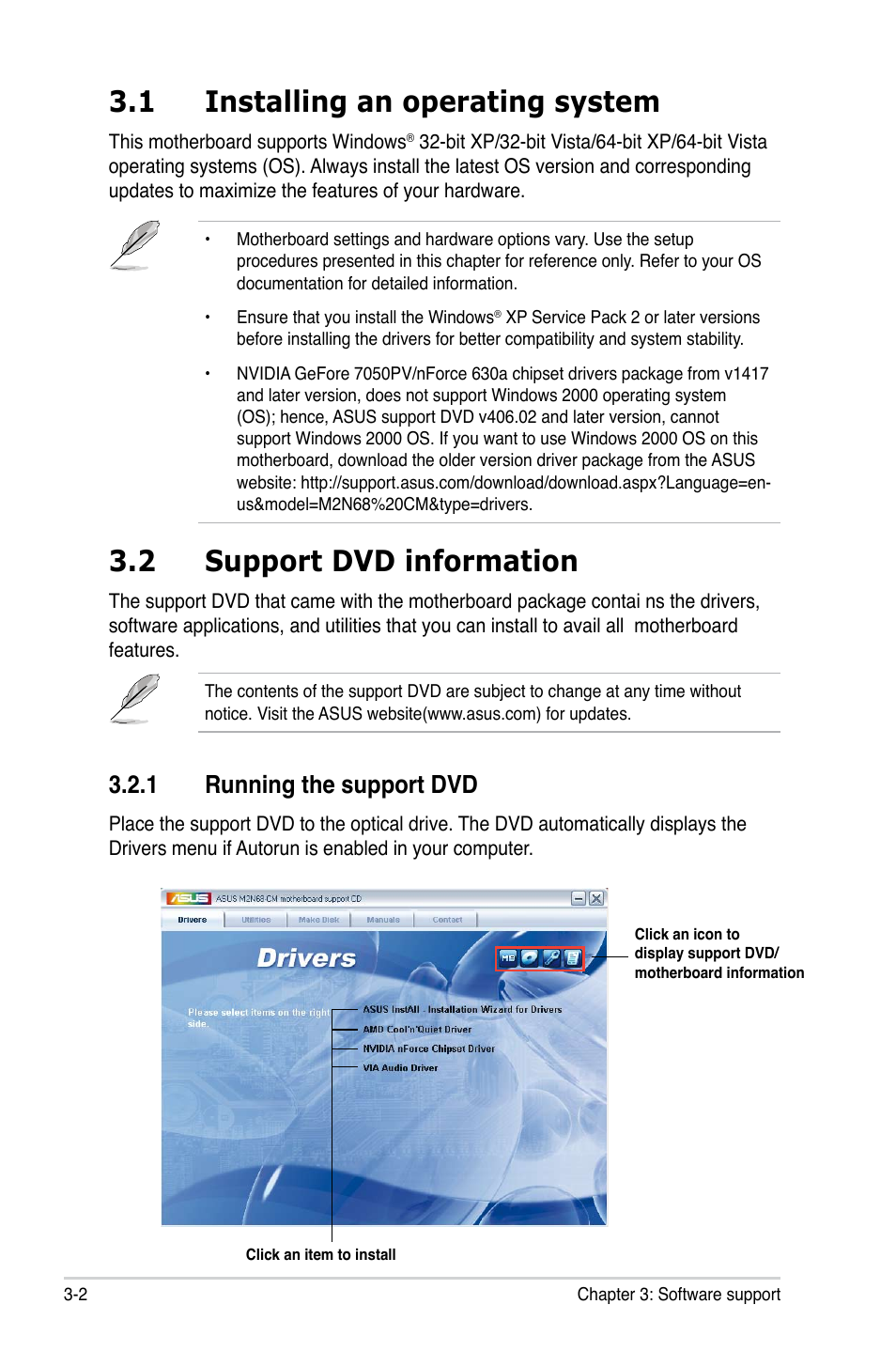 1 installing an operating system, 2 support dvd information, 1 running the support dvd | Asus M2N68-CM User Manual | Page 90 / 104