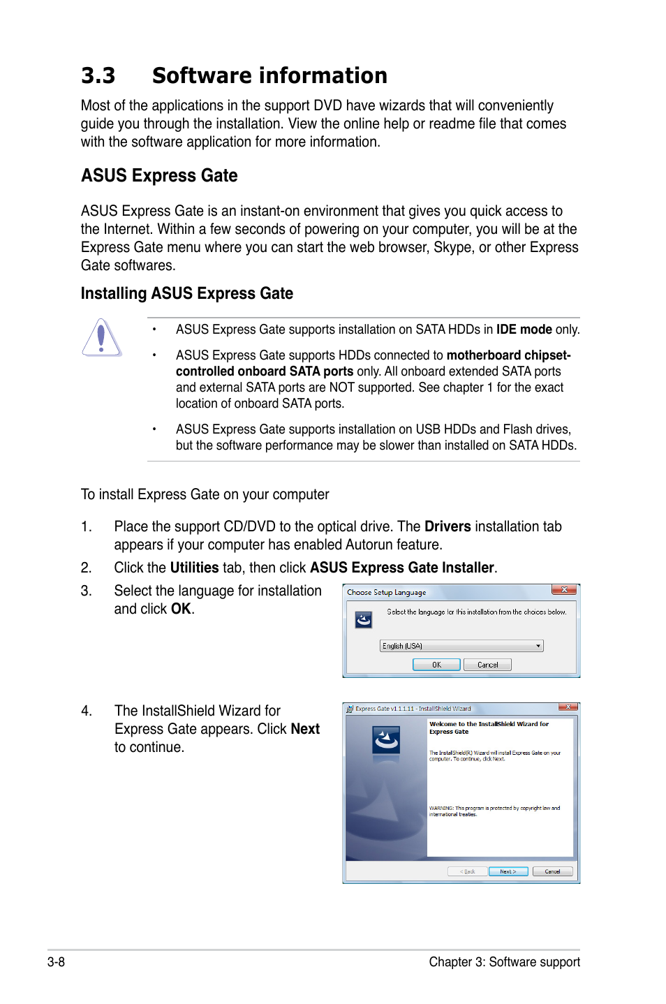 3 software information, Asus express gate | Asus M2N68-CM User Manual | Page 96 / 104