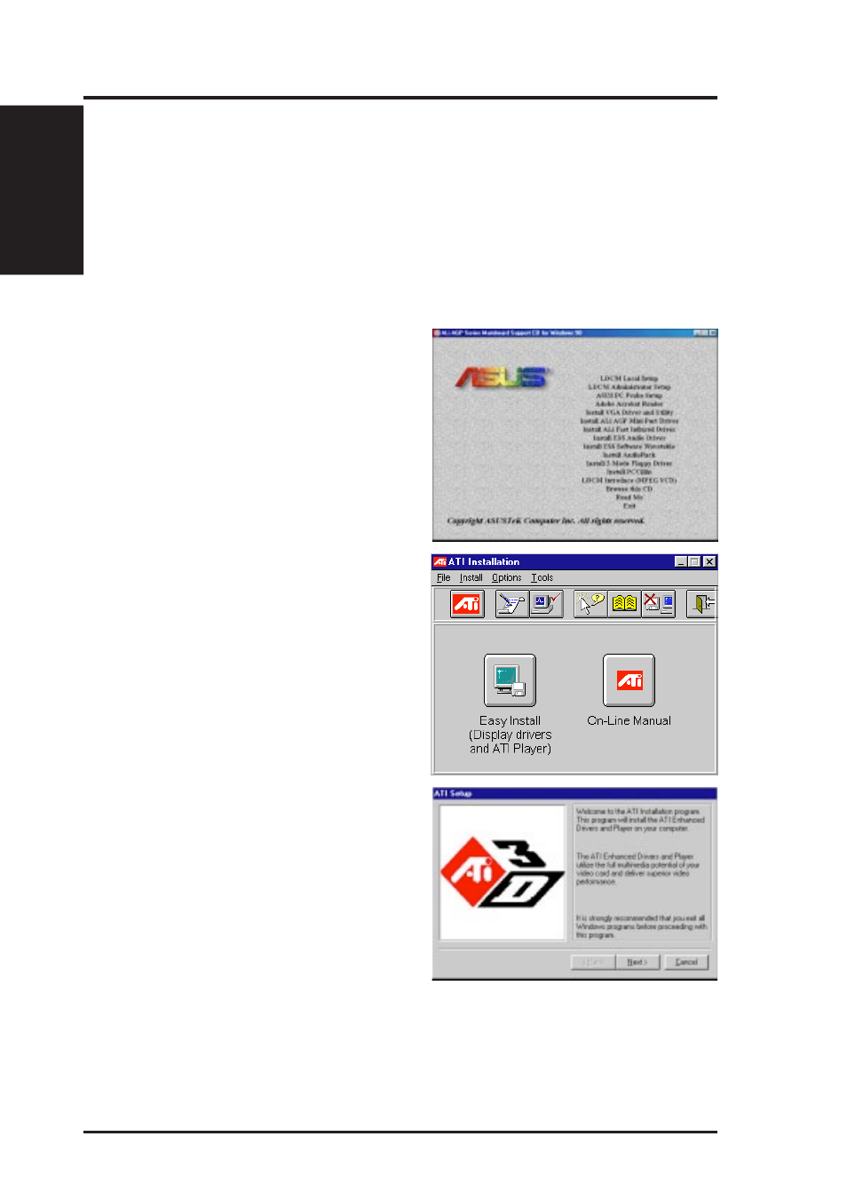 A. video driver, Install video driver and utility (windows 95/98) | Asus P5A-VM User Manual | Page 62 / 96