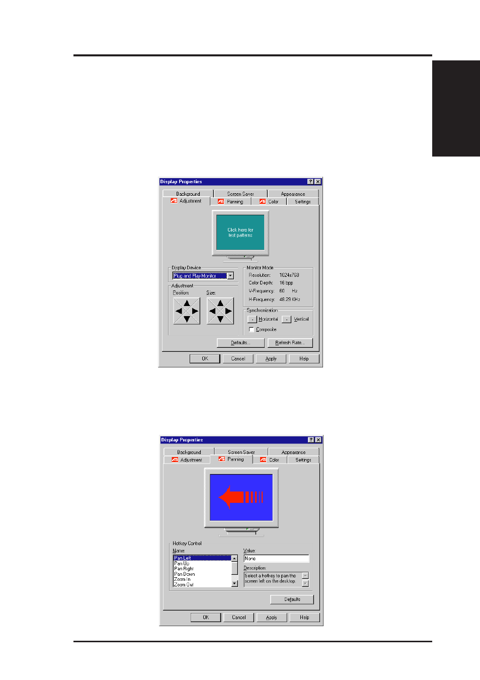 A. video driver, Display settings for windows 95/98, Adjustment menu | Panning menu | Asus P5A-VM User Manual | Page 63 / 96