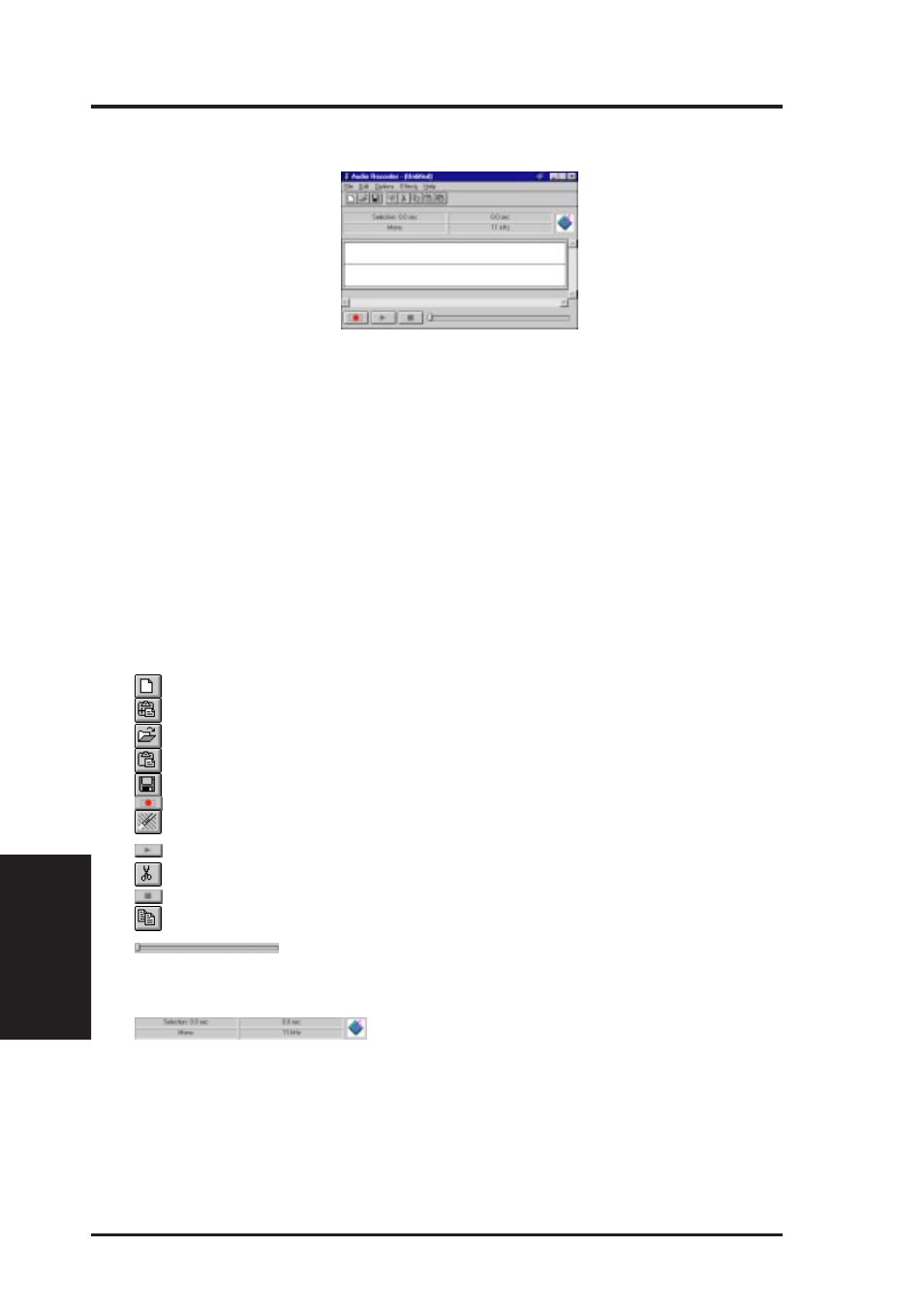 E. audio software, The audio recorder, Introduction | The audio recorder controls, The audio recorder display | Asus P5A-VM User Manual | Page 90 / 96