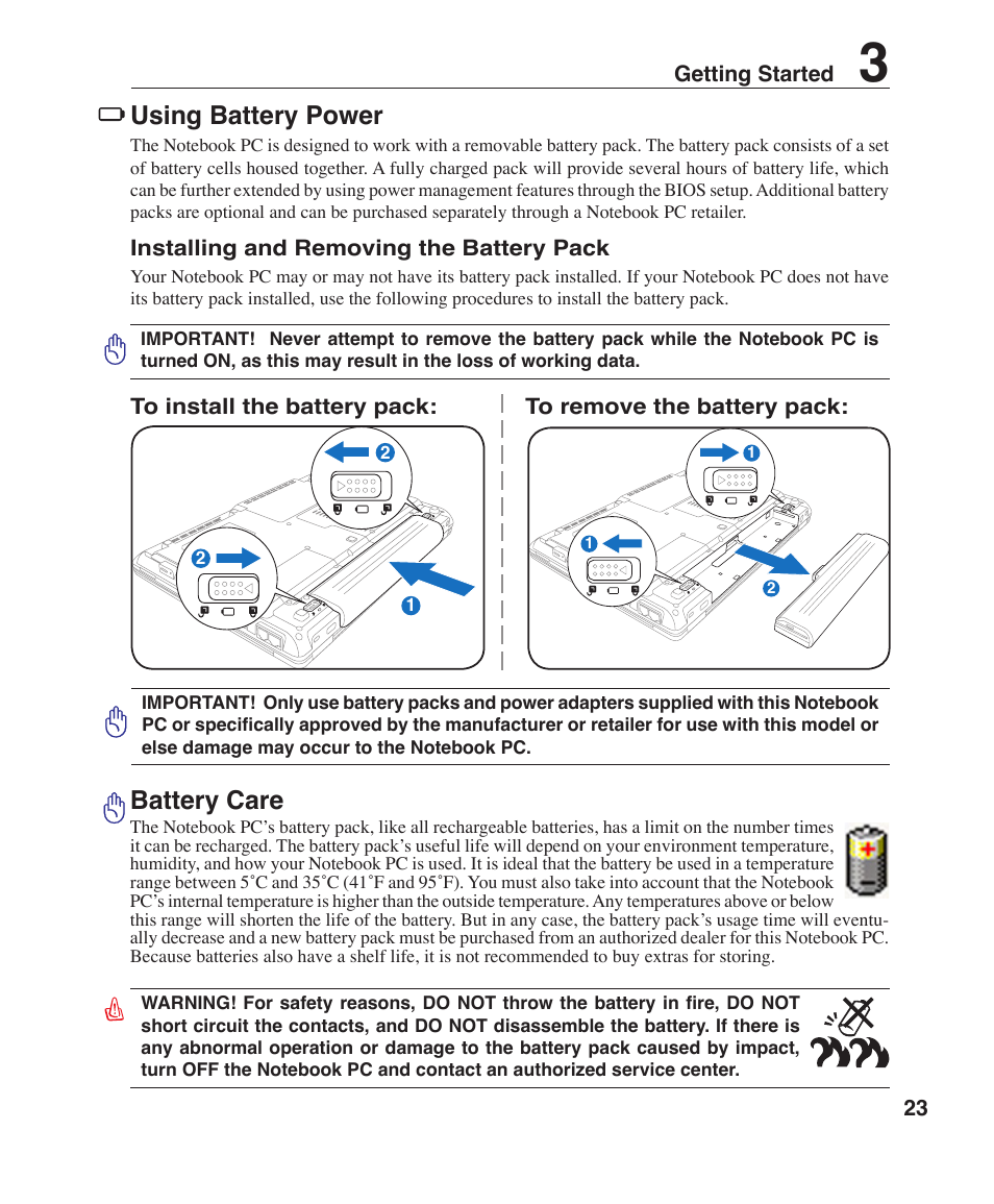 Using battery power, Battery care | Asus W7J User Manual | Page 23 / 71