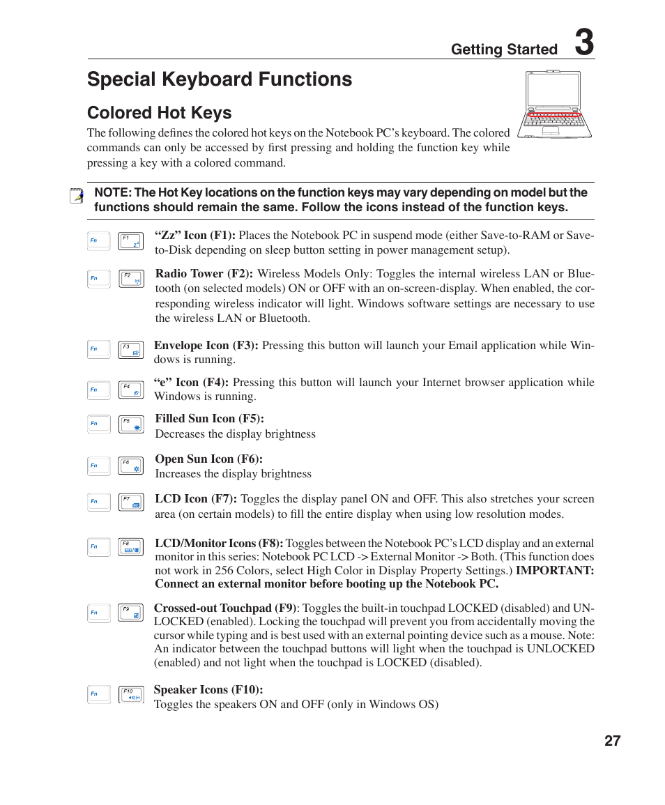 Special keyboard functions, Colored hot keys | Asus W7J User Manual | Page 27 / 71