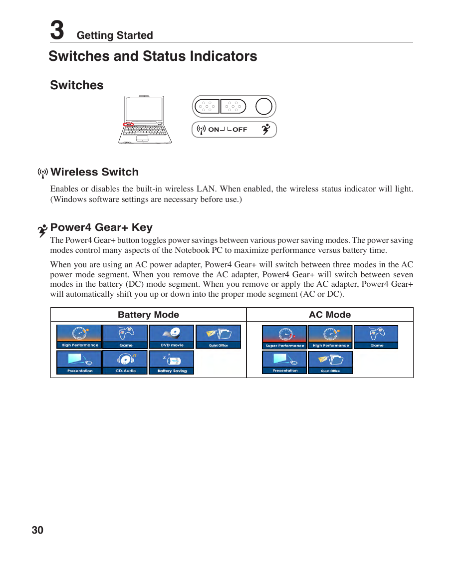 Switches and status indicators, Switches | Asus W7J User Manual | Page 30 / 71