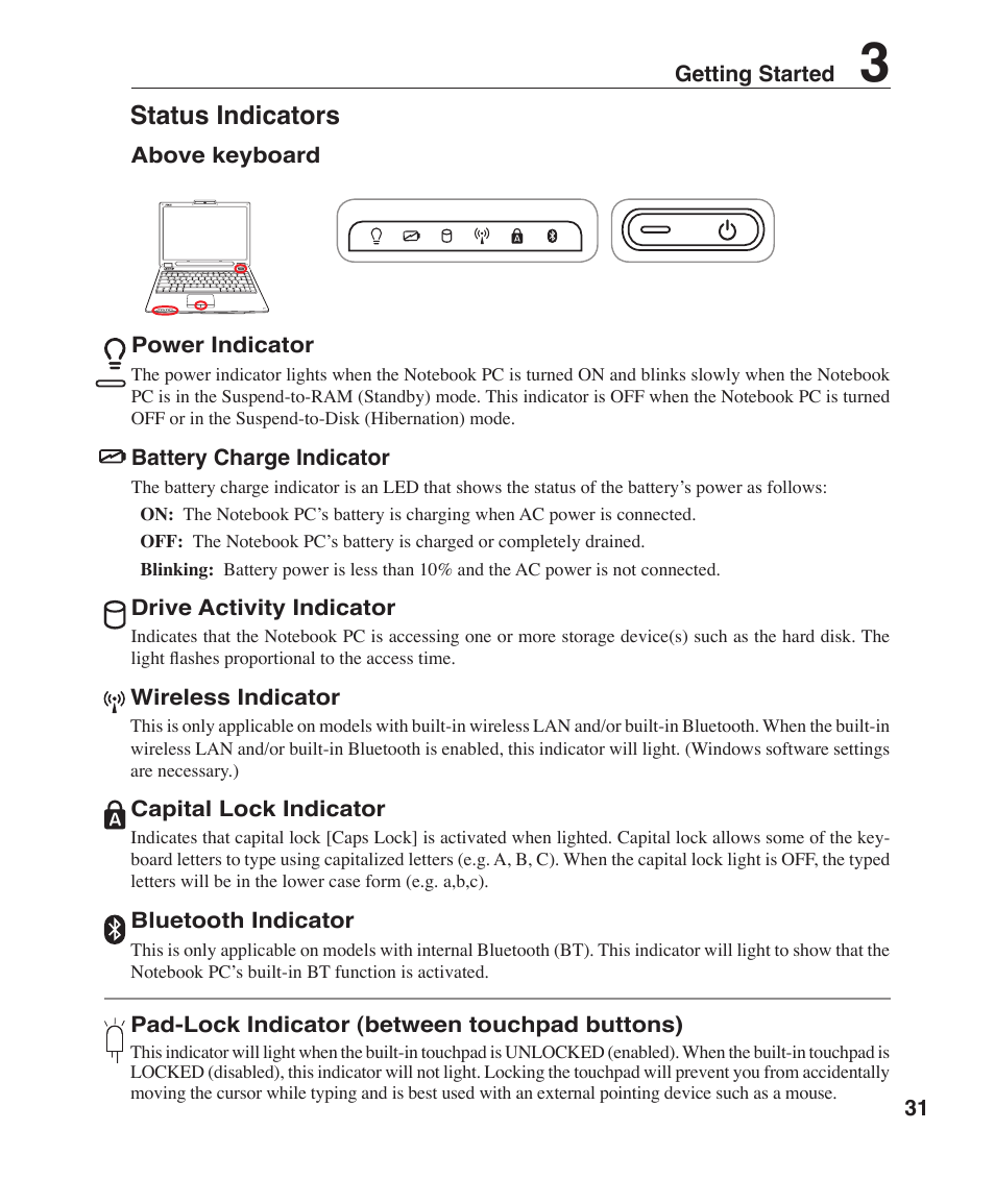 Status indicators | Asus W7J User Manual | Page 31 / 71