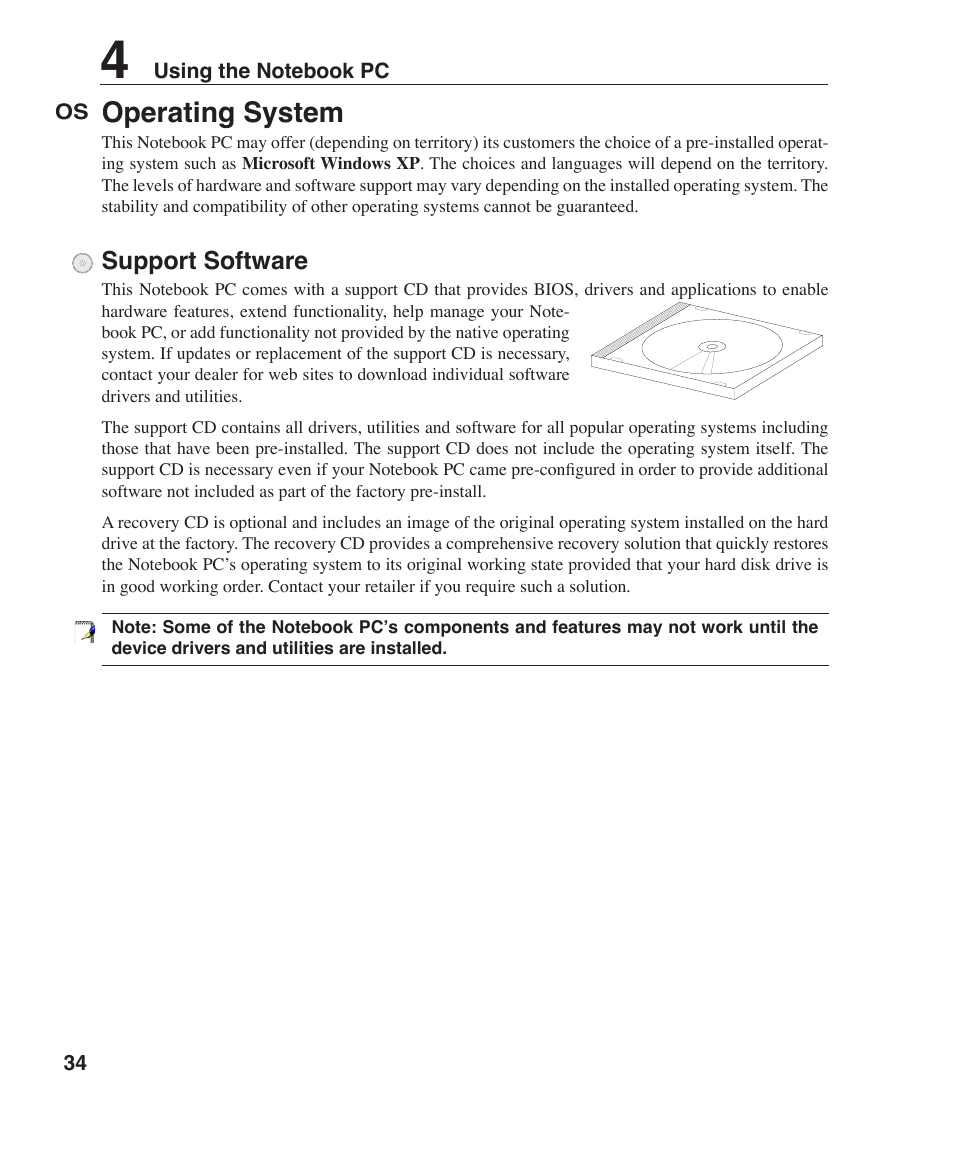 Operating system, Support software | Asus W7J User Manual | Page 34 / 71
