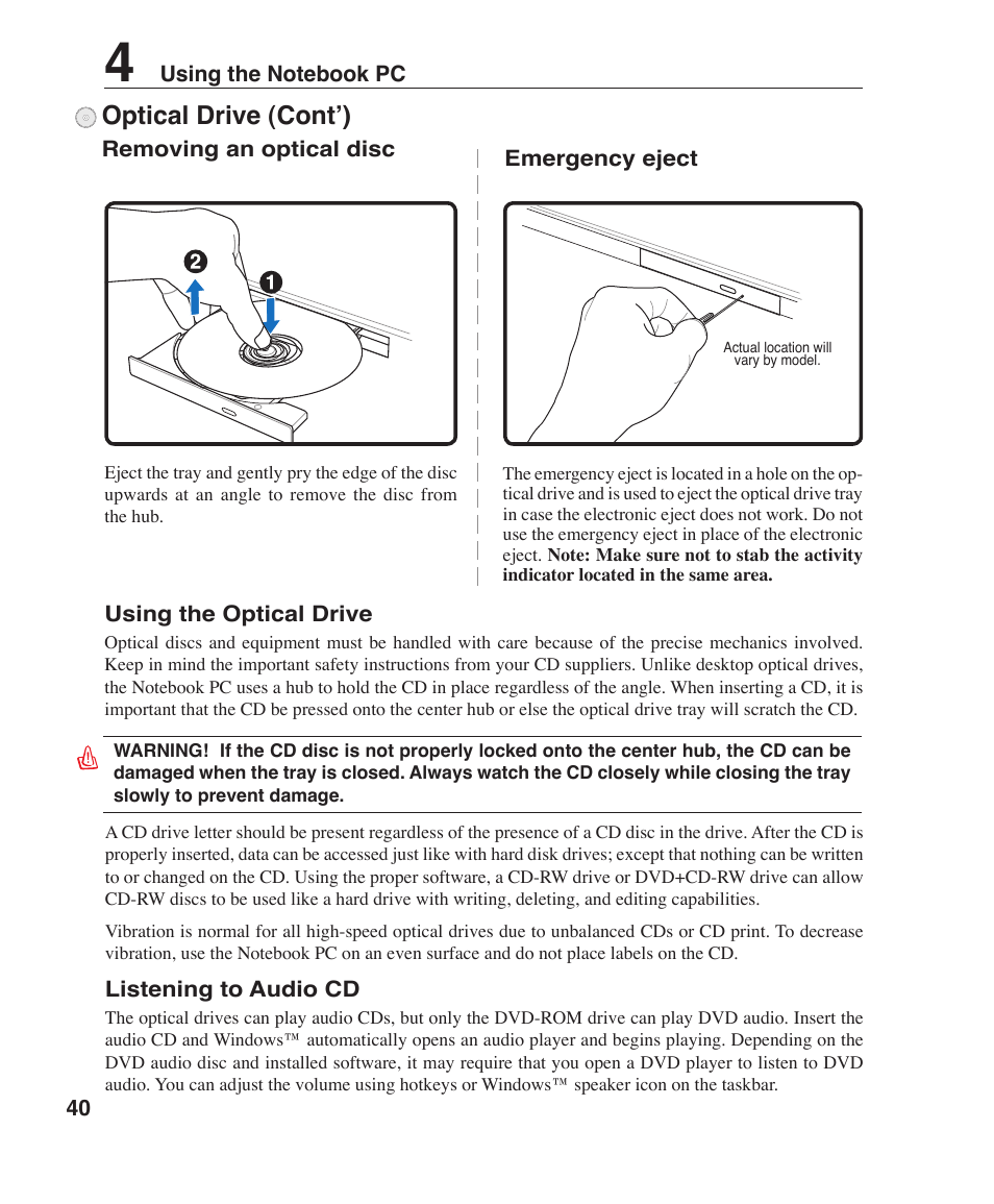 Optical drive (cont’) | Asus W7J User Manual | Page 40 / 71