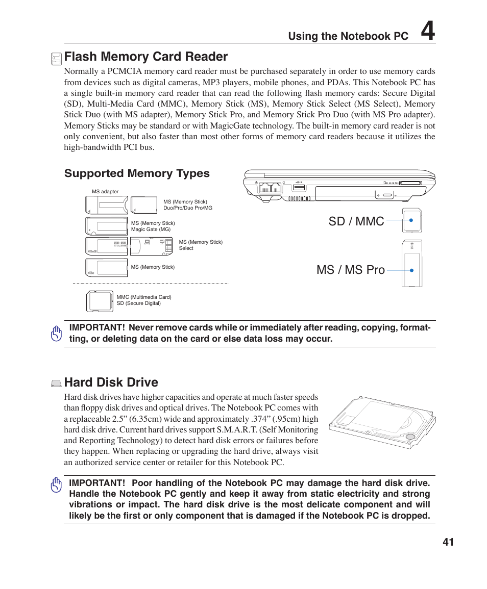 Hard disk drive, Sd / mmc ms / ms pro | Asus W7J User Manual | Page 41 / 71