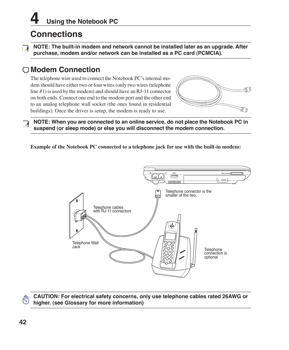 Connections, Modem connection | Asus W7J User Manual | Page 42 / 71