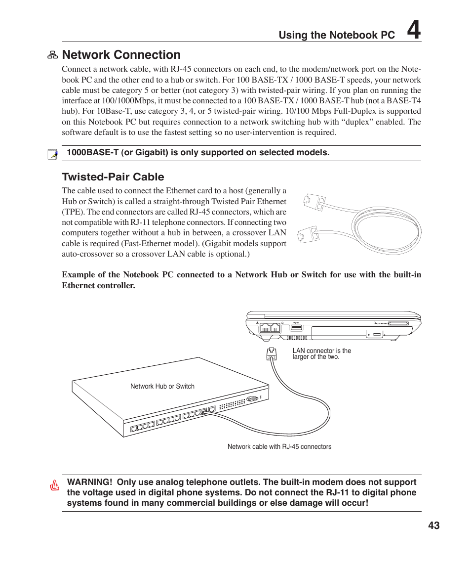 Network connection | Asus W7J User Manual | Page 43 / 71