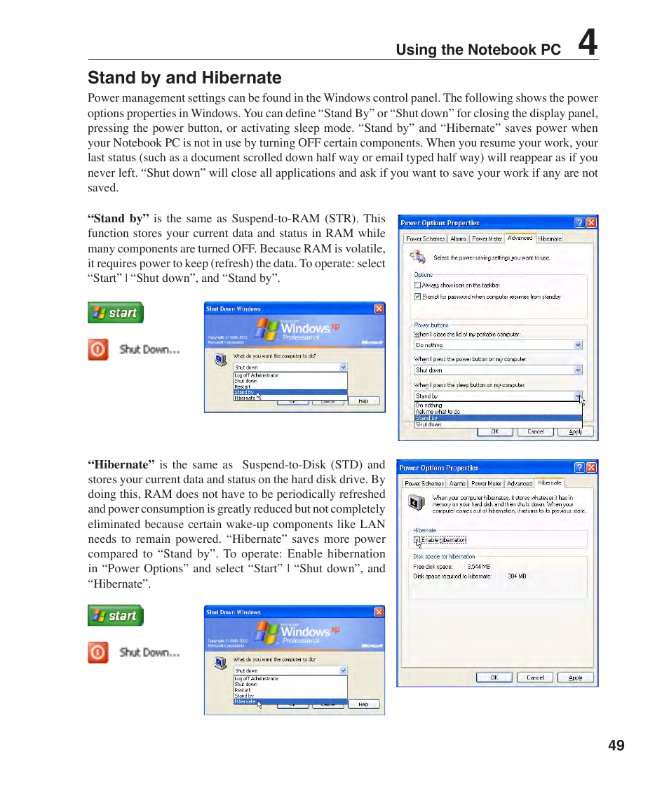 Stand by and hibernate | Asus W7J User Manual | Page 49 / 71