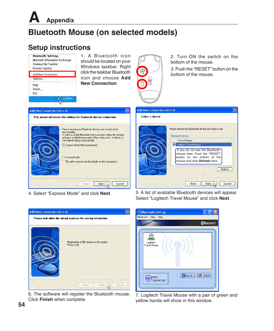 Bluetooth mouse (on selected models), Setup instructions, Appendix | Asus W7J User Manual | Page 54 / 71