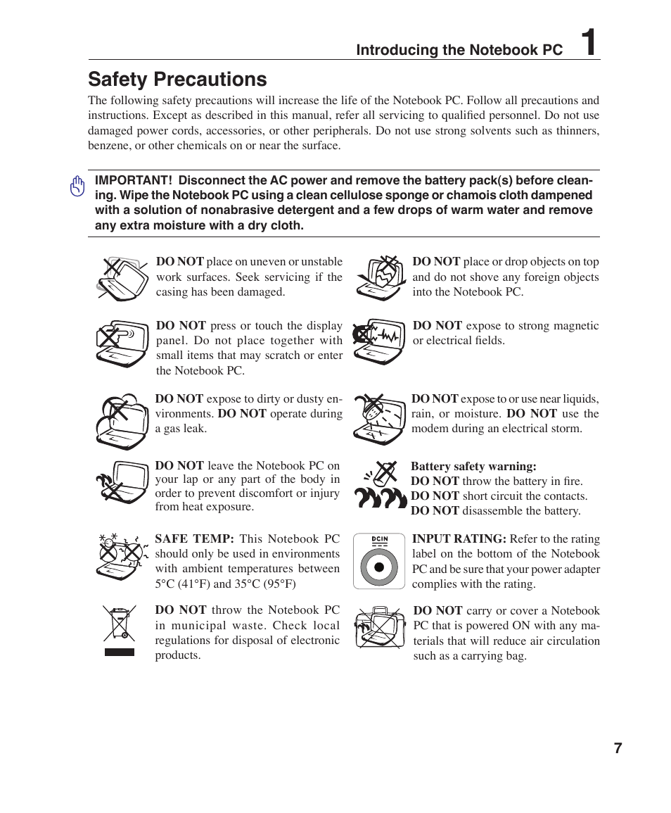 Safety precautions | Asus W7J User Manual | Page 7 / 71